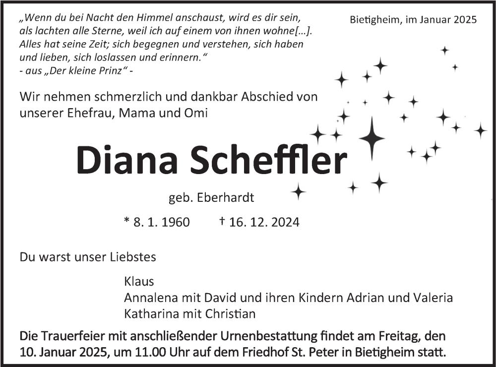  Traueranzeige für Diana Scheffler vom 08.01.2025 aus Bietigheimer Zeitung