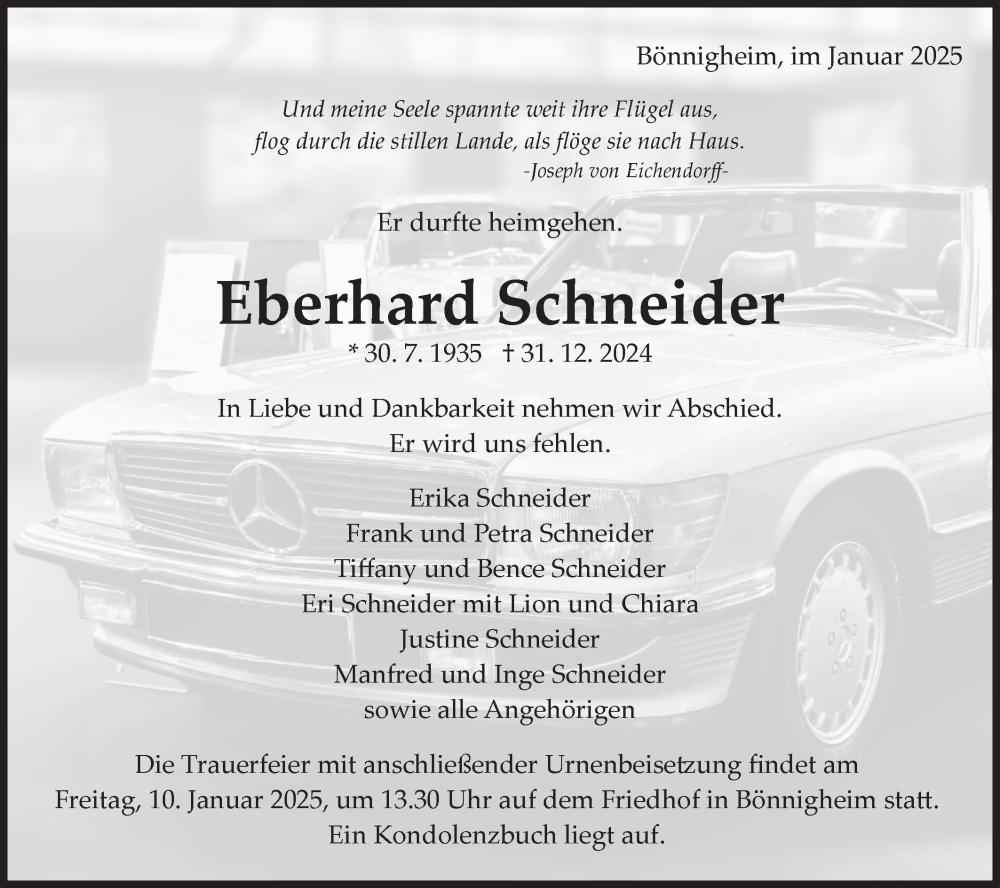  Traueranzeige für Eberhard Schneider vom 04.01.2025 aus Bietigheimer Zeitung