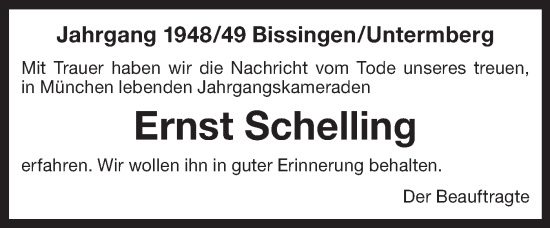 Traueranzeige von Ernst Schelling von Bietigheimer Zeitung
