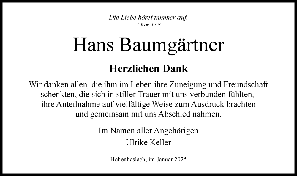 Traueranzeige für Hans Baumgärtner vom 02.01.2025 aus Bietigheimer Zeitung