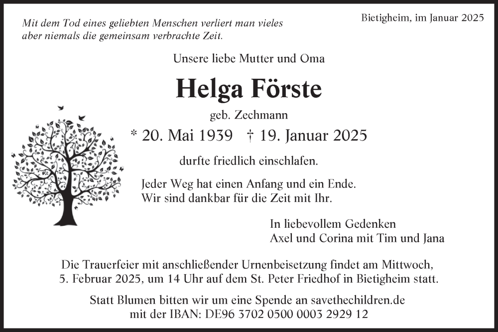  Traueranzeige für Helga Förste vom 30.01.2025 aus Bietigheimer Zeitung