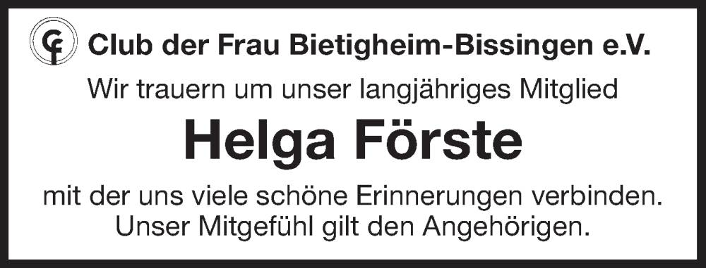  Traueranzeige für Helga Förste vom 31.01.2025 aus Bietigheimer Zeitung