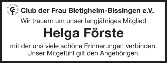 Traueranzeige von Helga Förste von Bietigheimer Zeitung