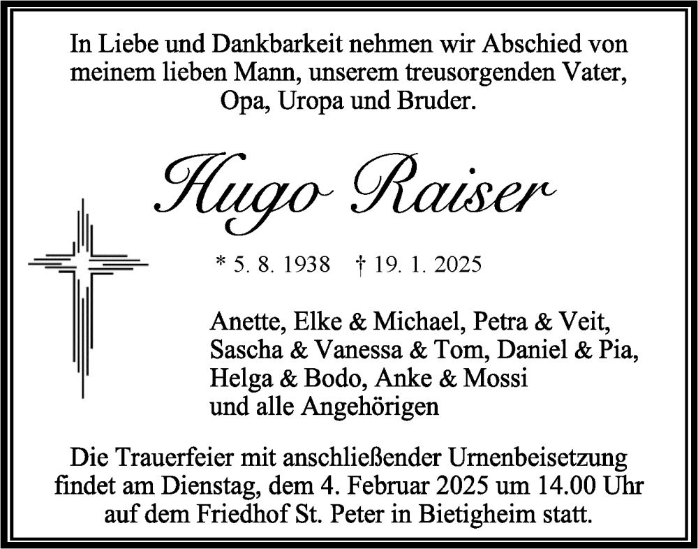  Traueranzeige für Hugo Raiser vom 29.01.2025 aus Bietigheimer Zeitung