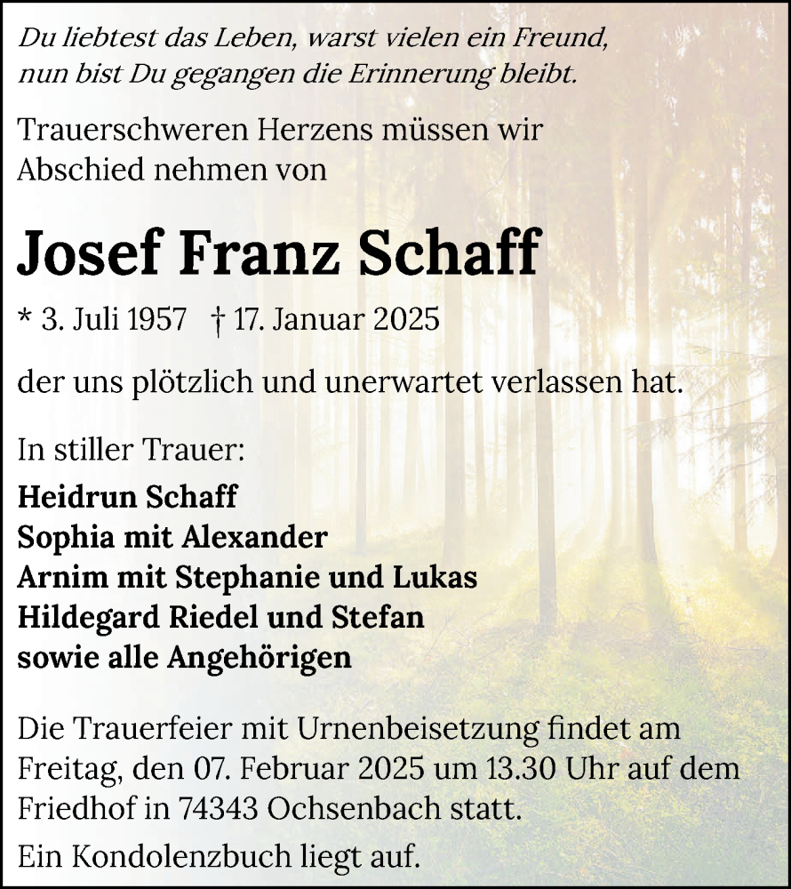  Traueranzeige für Josef Franz Schaff vom 01.02.2025 aus Bietigheimer Zeitung