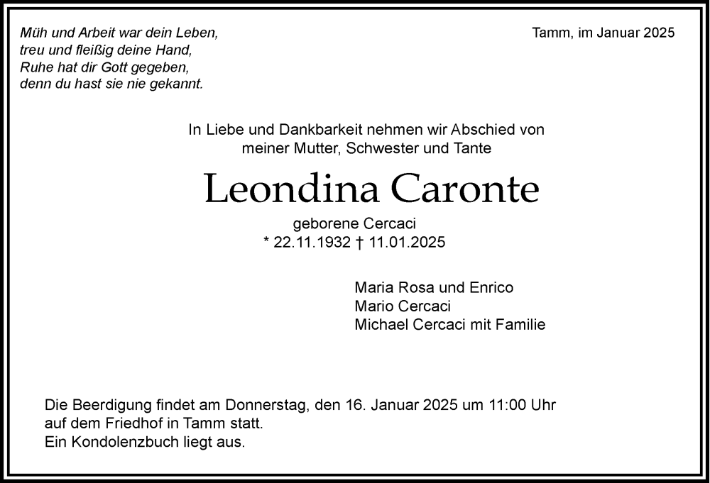  Traueranzeige für Leondina Caronte vom 15.01.2025 aus Bietigheimer Zeitung