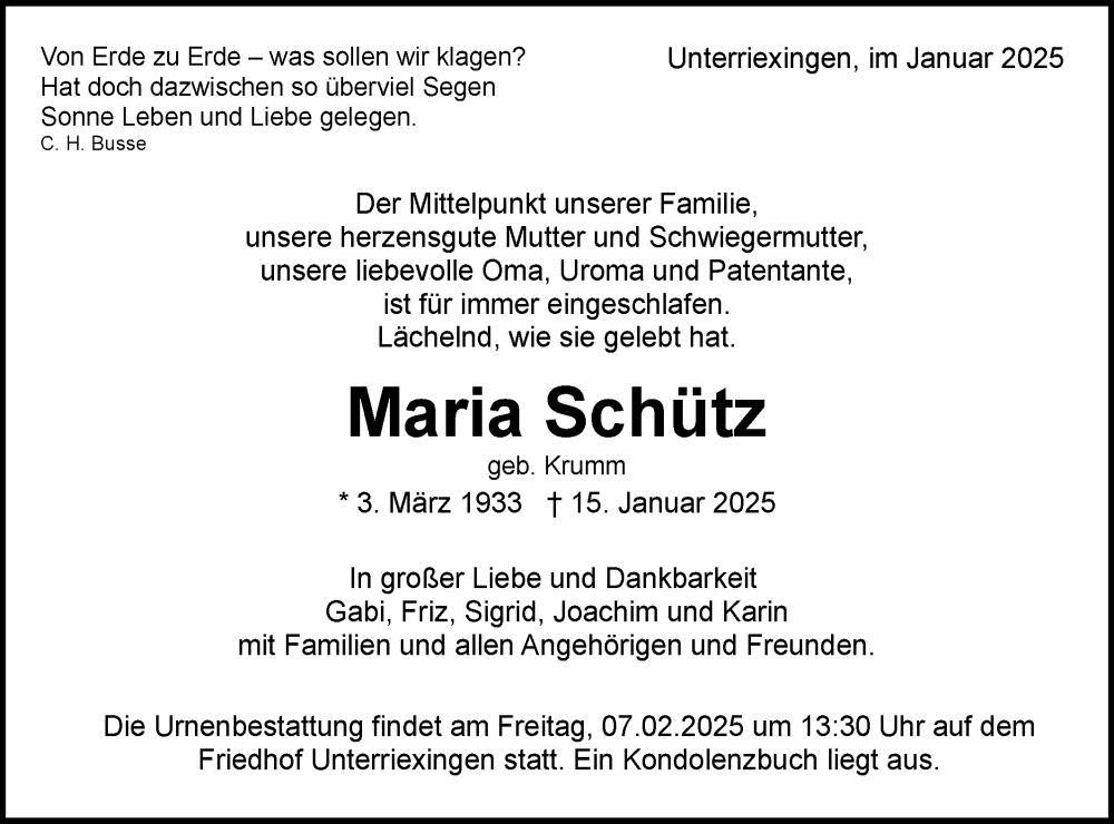 Traueranzeige für Maria Schütz vom 01.02.2025 aus Bietigheimer Zeitung