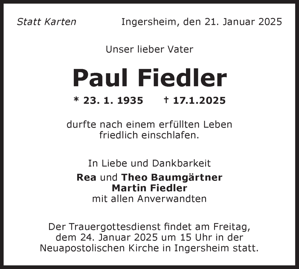  Traueranzeige für Paul Fiedler vom 21.01.2025 aus Bietigheimer Zeitung