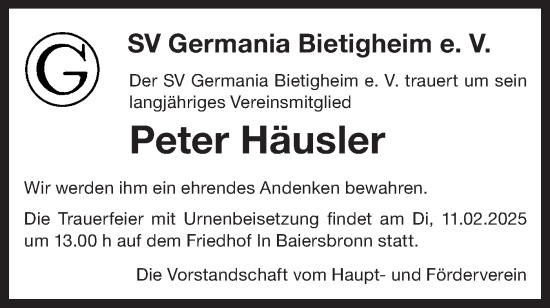 Traueranzeige von Peter Häusler von Bietigheimer Zeitung