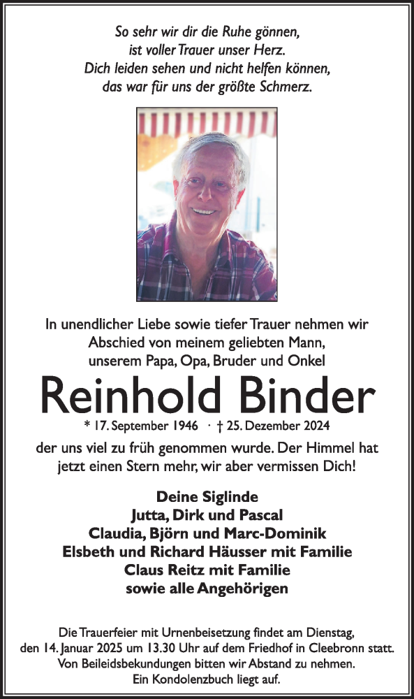  Traueranzeige für Reinhold Binder vom 04.01.2025 aus Bietigheimer Zeitung