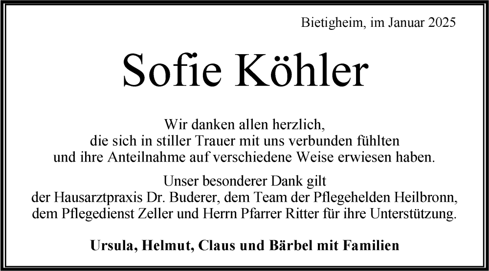  Traueranzeige für Sofie Köhler vom 04.01.2025 aus Bietigheimer Zeitung