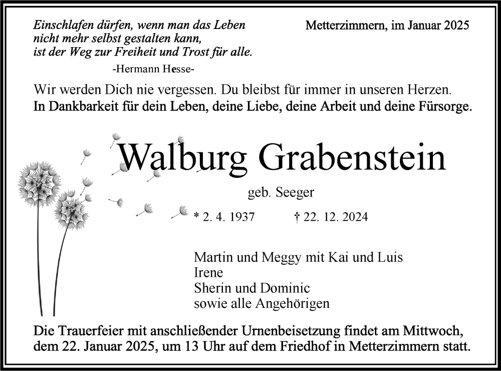  Traueranzeige für Walburg Grabenstein vom 14.01.2025 aus Bietigheimer Zeitung