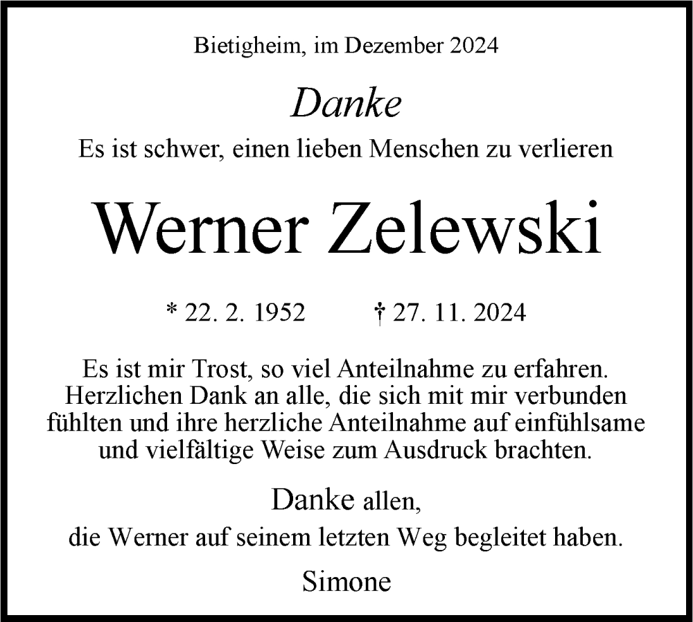  Traueranzeige für Werner Zelewski vom 03.01.2025 aus Bietigheimer Zeitung