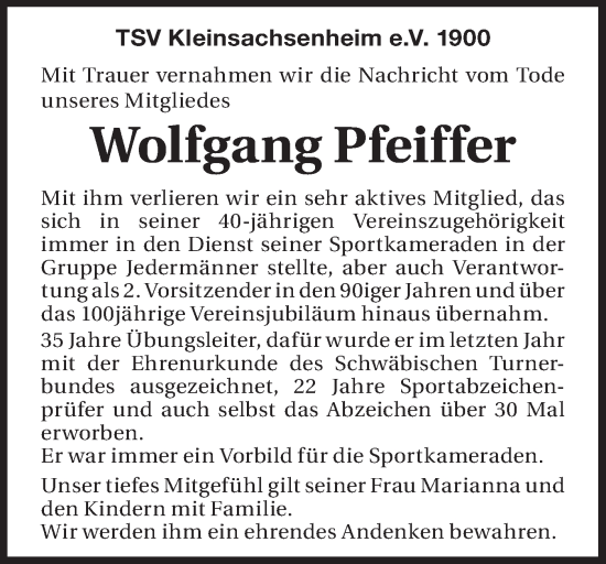 Traueranzeige von Wolfgang Pfeiffer von Bietigheimer Zeitung