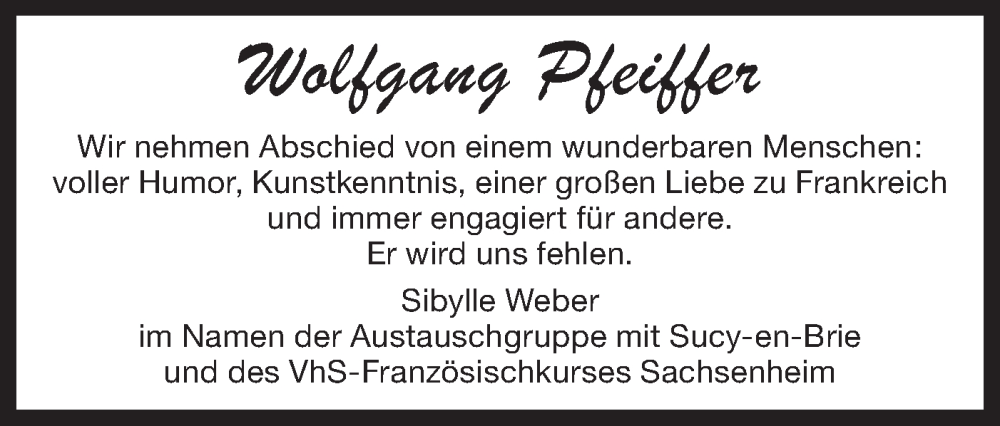  Traueranzeige für Wolfgang Pfeiffer vom 30.01.2025 aus Bietigheimer Zeitung