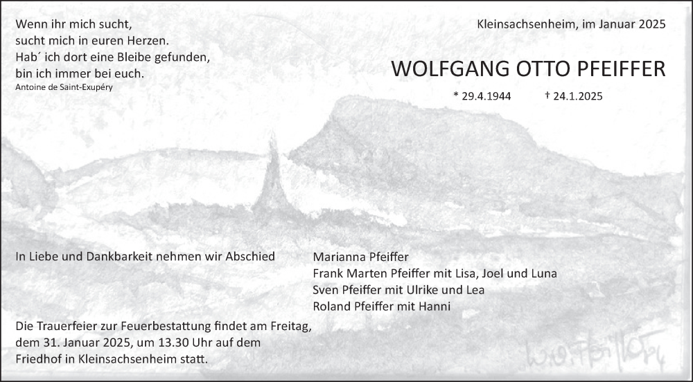  Traueranzeige für Wolfgang Otto Pfeiffer vom 29.01.2025 aus Bietigheimer Zeitung