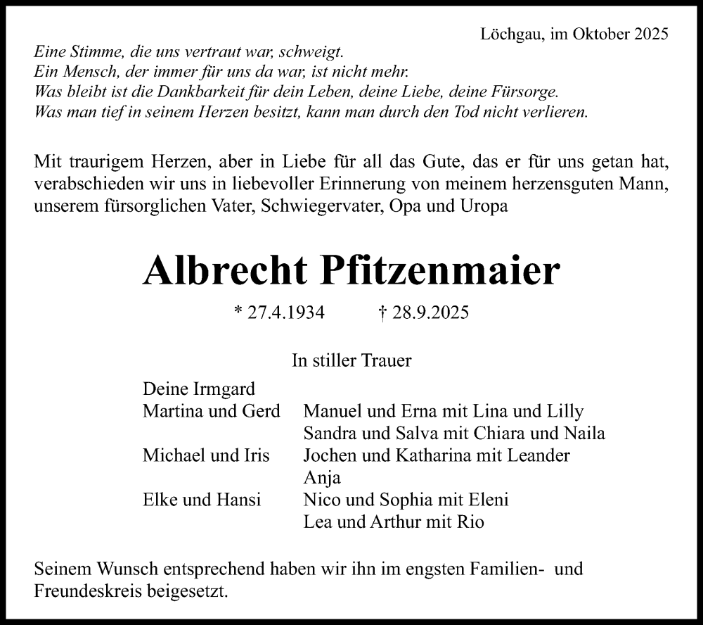  Traueranzeige für Albrecht Pfitzenmaier vom 16.10.2025 aus Bietigheimer Zeitung