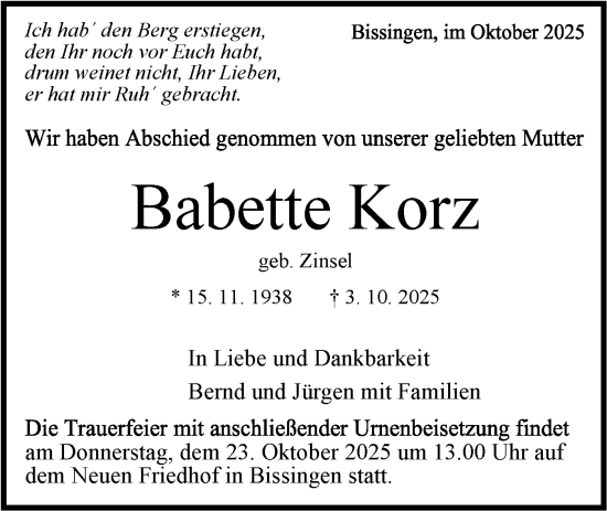 Traueranzeige von Babette Korz von Bietigheimer Zeitung
