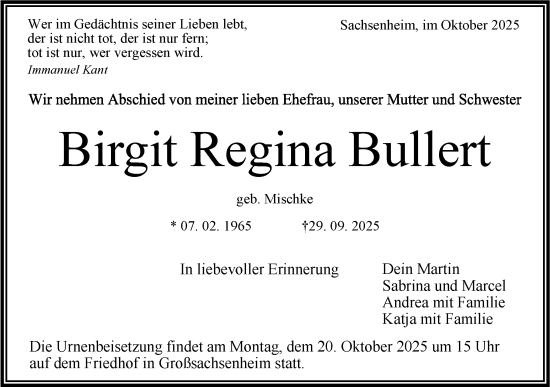 Traueranzeige von Birgit Regina Bullert von Bietigheimer Zeitung