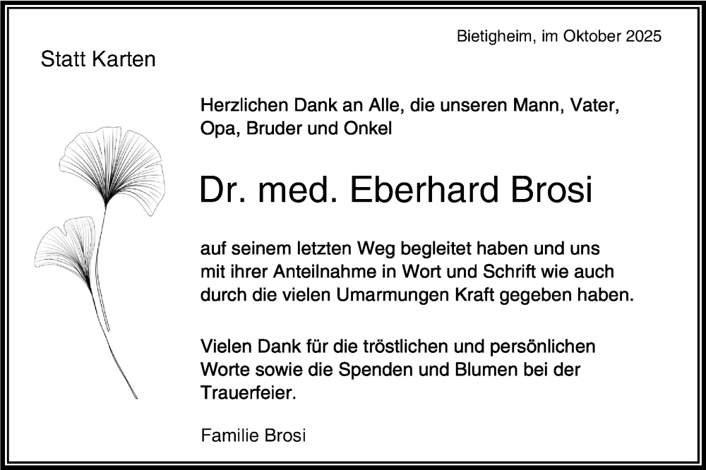  Traueranzeige für Eberhard Brosi vom 11.10.2025 aus Bietigheimer Zeitung