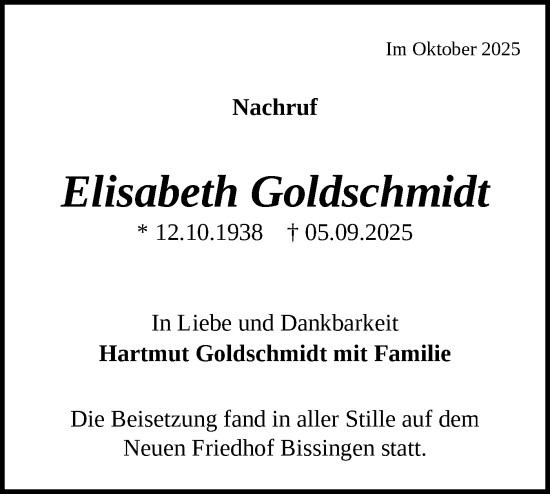 Traueranzeige von Elisabeth Goldschmidt von Bietigheimer Zeitung