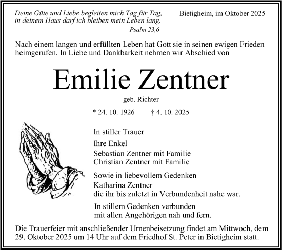 Traueranzeige von Emilie Zentner von Bietigheimer Zeitung