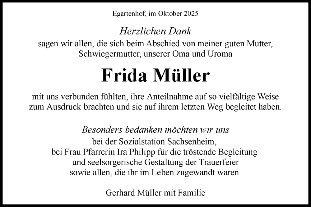  Traueranzeige für Frida Müller vom 04.10.2025 aus Bietigheimer Zeitung