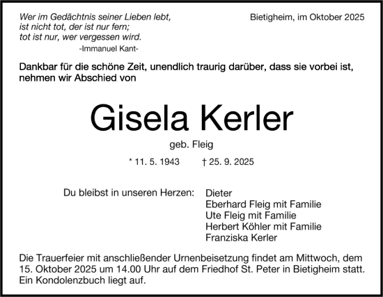 Traueranzeige von Gisela Kerler von Bietigheimer Zeitung