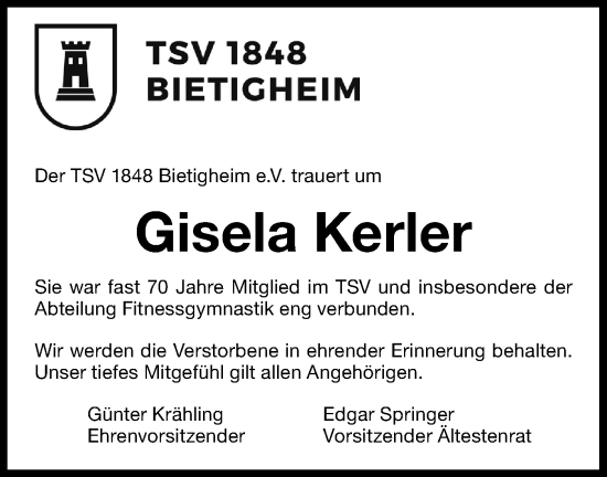 Traueranzeige von Gisela Kerler von Bietigheimer Zeitung
