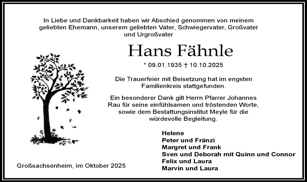  Traueranzeige für Hans Fähnle vom 30.10.2025 aus Bietigheimer Zeitung