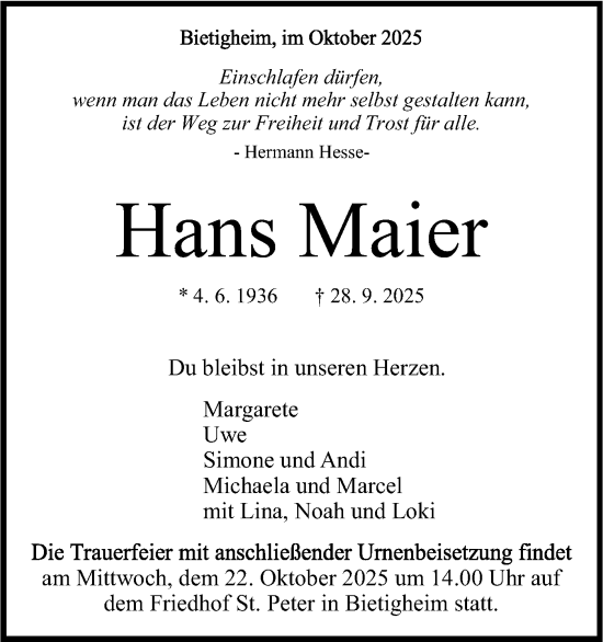 Traueranzeige von Hans Maier von Bietigheimer Zeitung