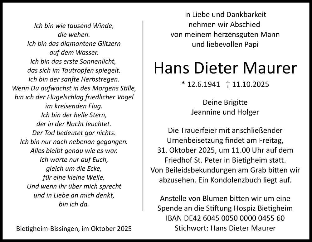  Traueranzeige für Hans Dieter Maurer vom 25.10.2025 aus Bietigheimer Zeitung