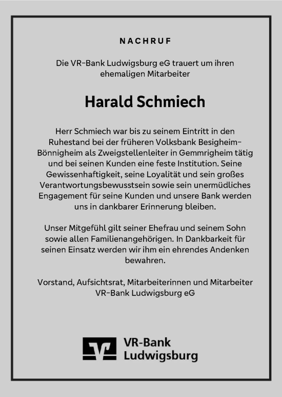 Traueranzeige von Harald Schmiech von Bietigheimer Zeitung