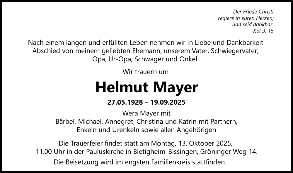 Traueranzeige für Helmut Mayer vom 02.10.2025 aus Bietigheimer Zeitung