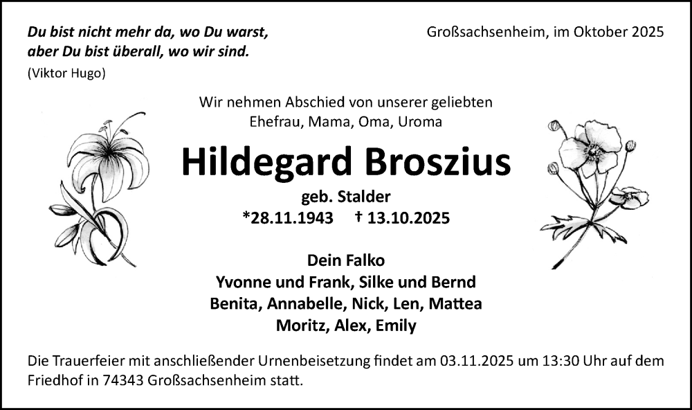  Traueranzeige für Hildegard Broszius vom 29.10.2025 aus Bietigheimer Zeitung