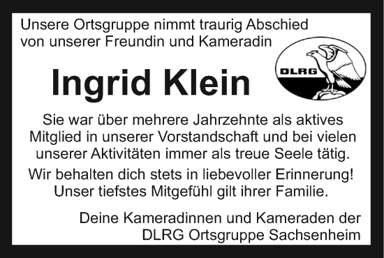 Traueranzeige von Ingrid Klein von Bietigheimer Zeitung
