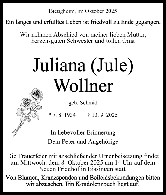 Traueranzeige von Juliana Wollner von Bietigheimer Zeitung