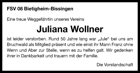 Traueranzeige von Juliana Wollner von Bietigheimer Zeitung