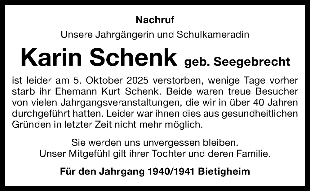  Traueranzeige für Karin Schenk vom 10.10.2025 aus Bietigheimer Zeitung