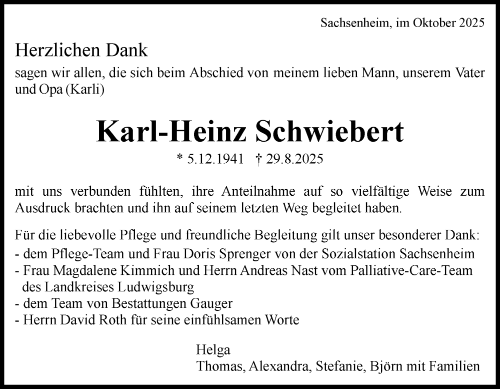  Traueranzeige für Karl-Heinz Schwiebert vom 11.10.2025 aus Bietigheimer Zeitung