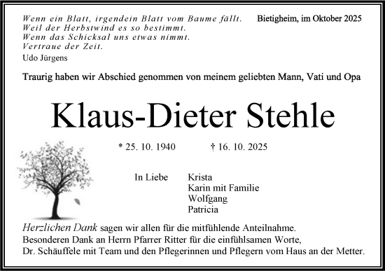 Traueranzeige von Klaus-Dieter Stehle von Bietigheimer Zeitung