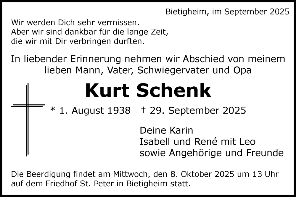  Traueranzeige für Kurt Schenk vom 04.10.2025 aus Bietigheimer Zeitung