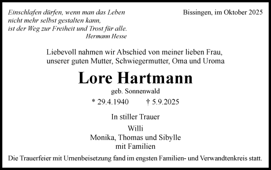 Traueranzeige von Lore Hartmann von Bietigheimer Zeitung