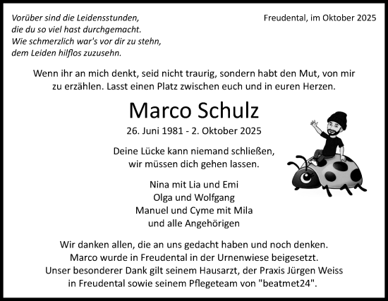 Traueranzeige von Marco Schulz von Bietigheimer Zeitung