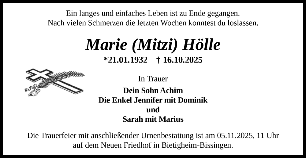  Traueranzeige für Marie Hölle vom 29.10.2025 aus Bietigheimer Zeitung