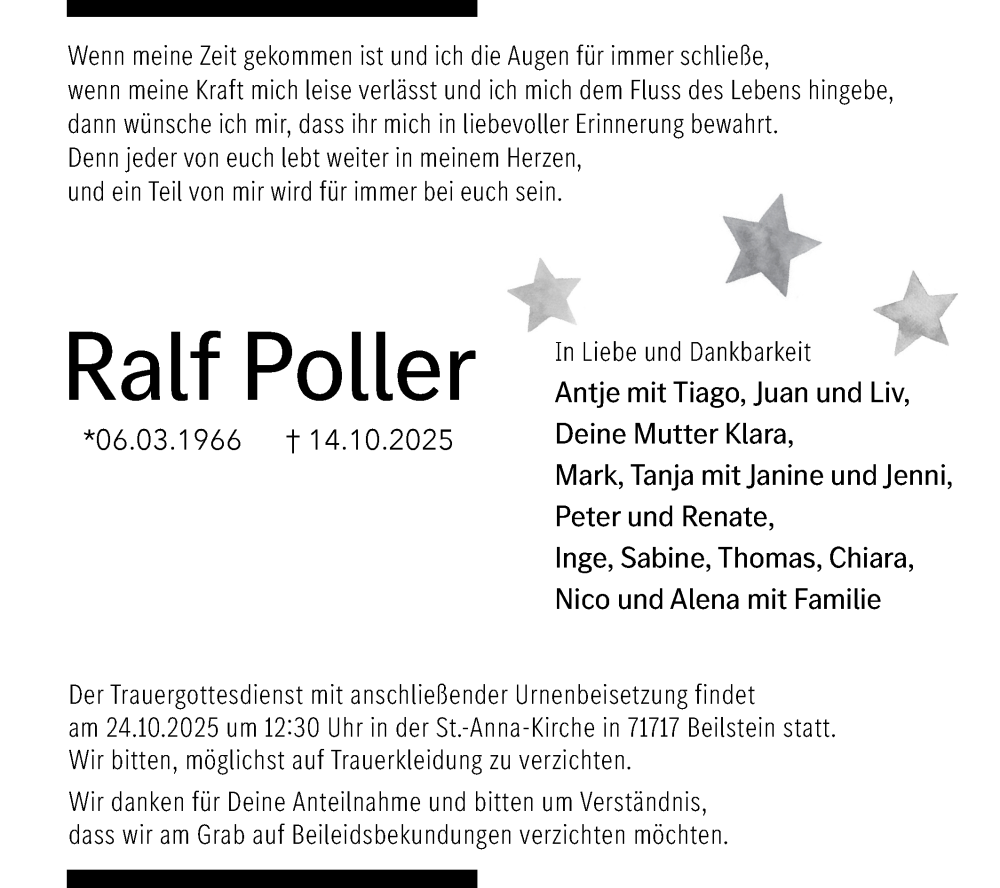  Traueranzeige für Ralf Poller vom 22.10.2025 aus Bietigheimer Zeitung
