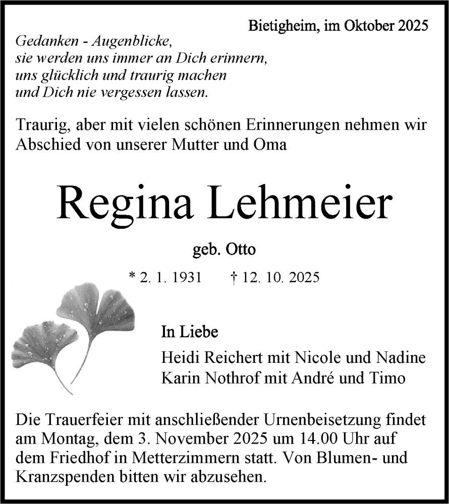  Traueranzeige für Regina Lehmeier vom 30.10.2025 aus Bietigheimer Zeitung
