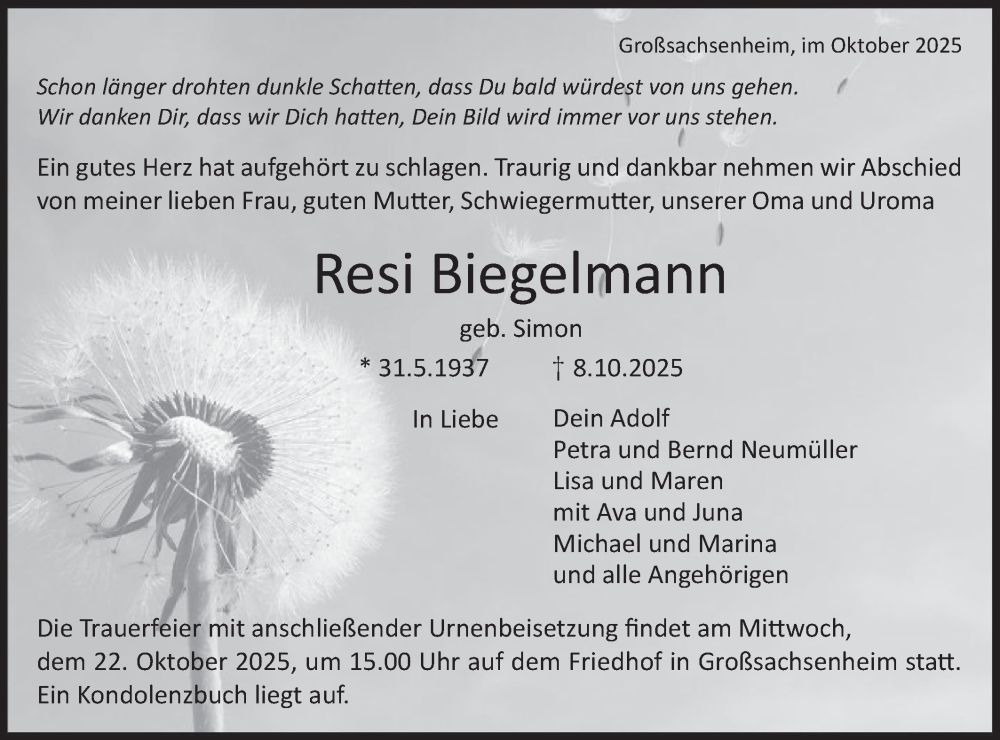  Traueranzeige für Resi Biegelmann vom 18.10.2025 aus Bietigheimer Zeitung