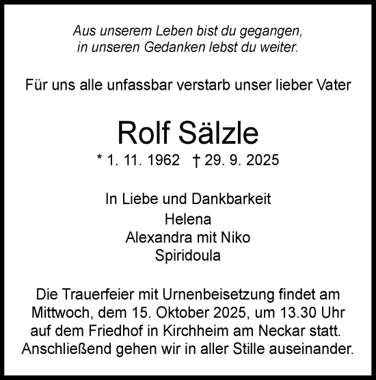 Traueranzeige von Rolf Sälzle von Bietigheimer Zeitung