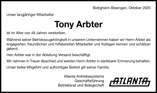 Traueranzeige von Tony Arbter von Bietigheimer Zeitung